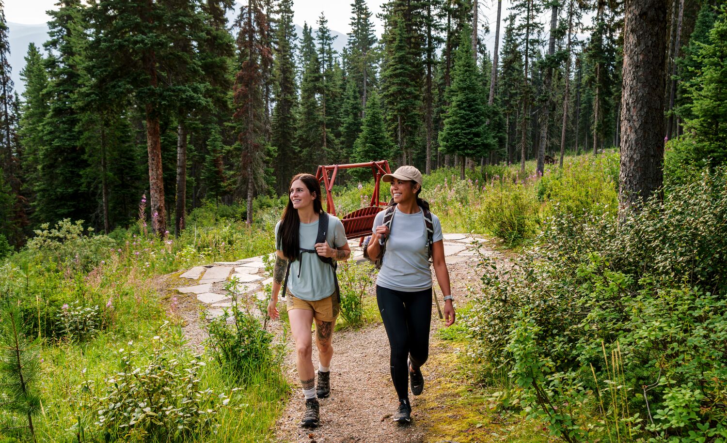 Two people hiking in the woods in Banff National Park