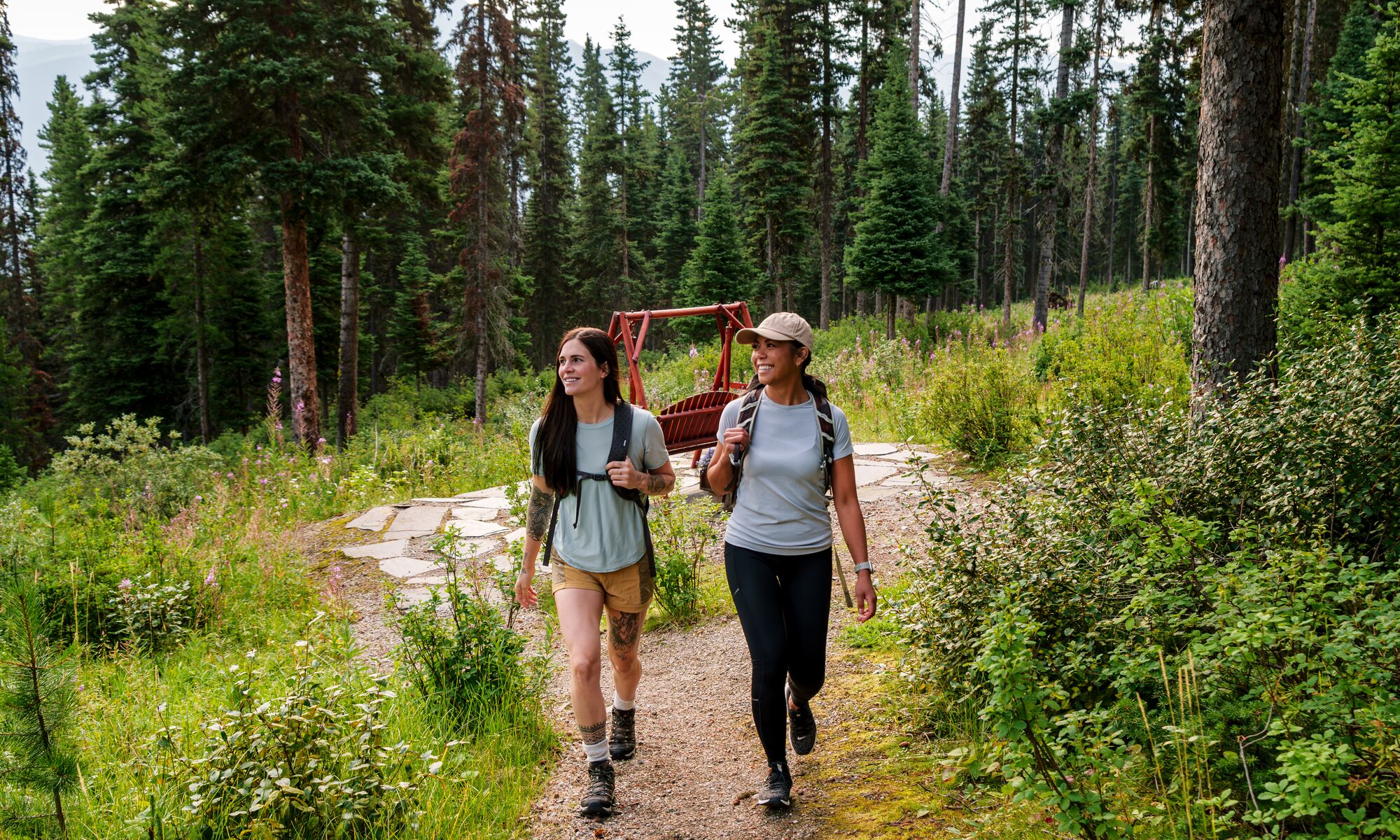 Two people hiking in the woods in Banff National Park