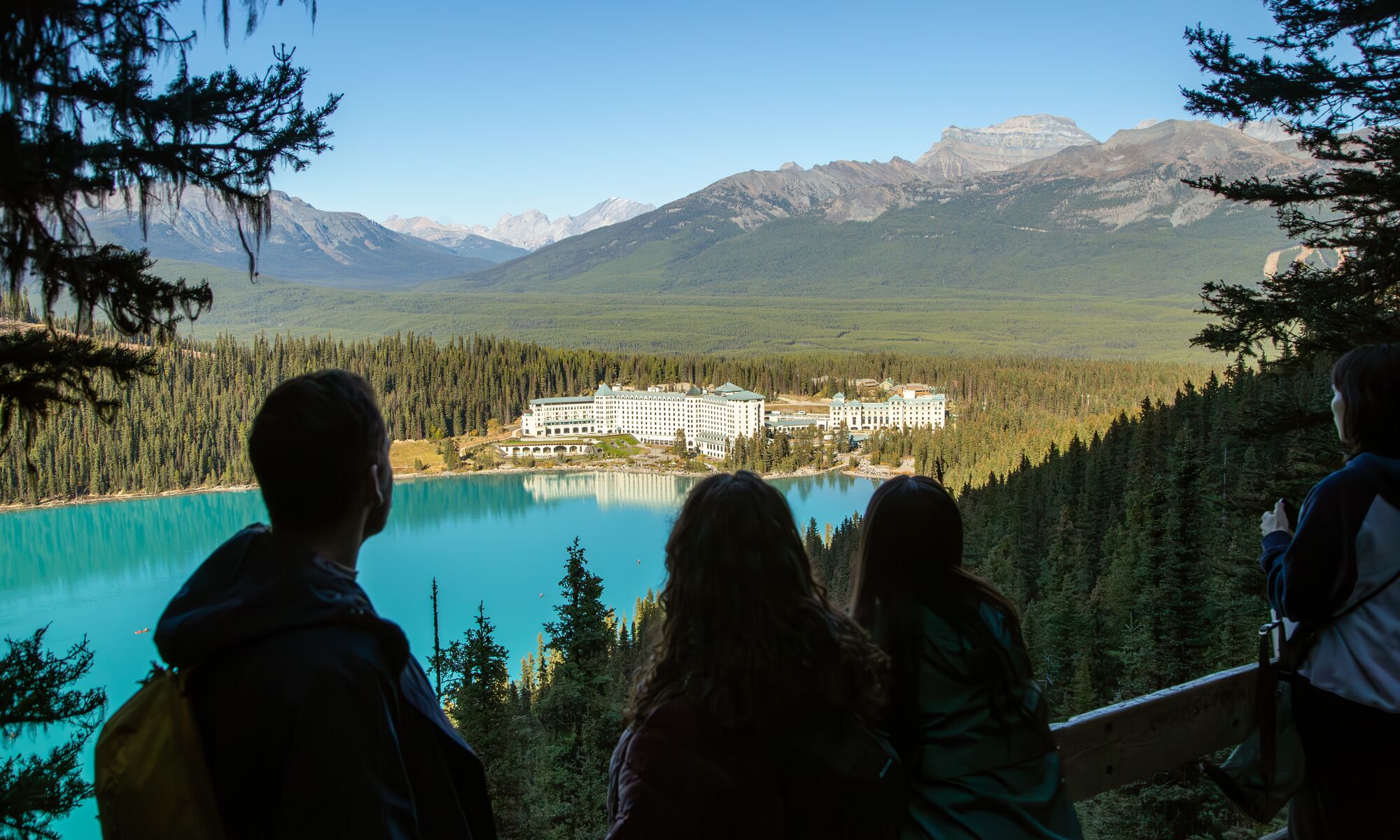A group of people stand at Fairview Lookout in Lake Louise looking at the Chateau Lake Louise during a hike in Banff National Park.