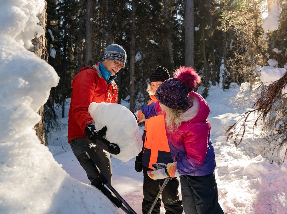 People look at a snow pack on a guided hiking tour in Banff National Park.