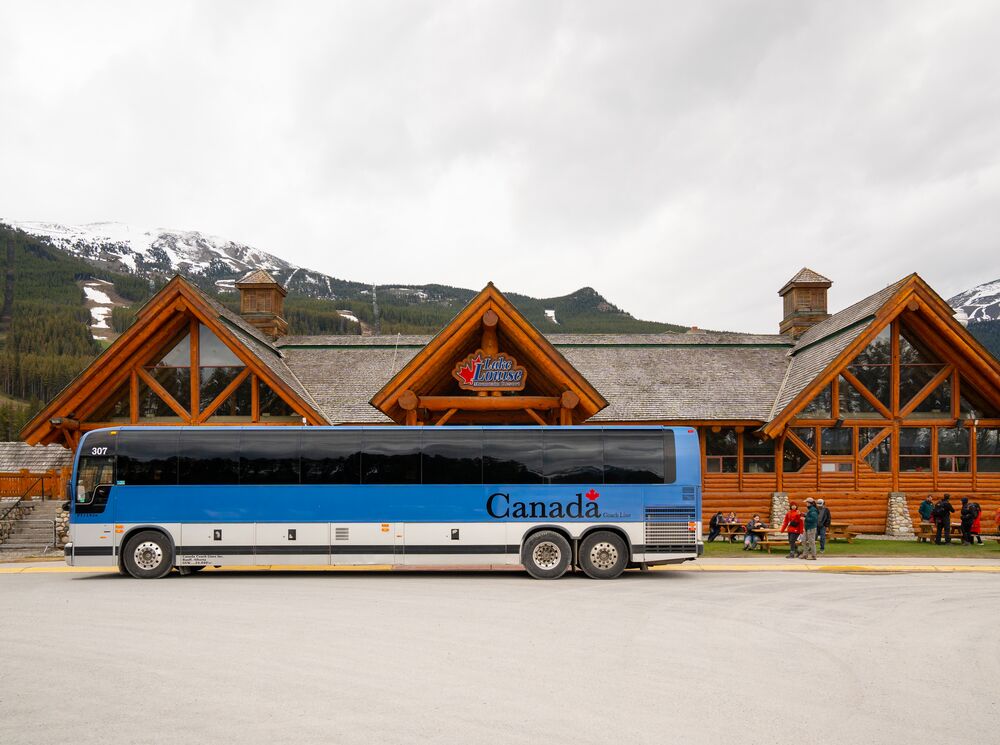 A Parks Canada Shuttles bus at the Lake Louise Ski resort in Banff National Park