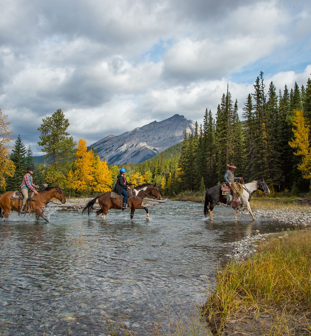 3 horses with riders crossing a stream. Trees with fall colours in background