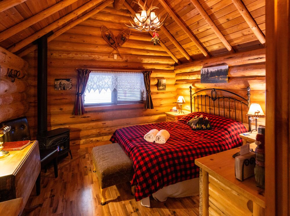 The interior of a wooden cabin in Banff National Park.