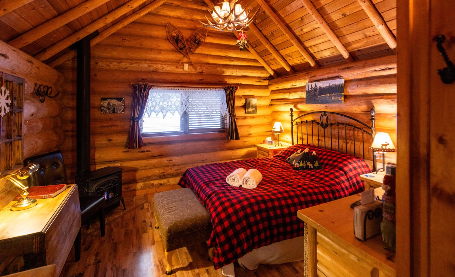 The interior of a wooden cabin in Banff National Park.