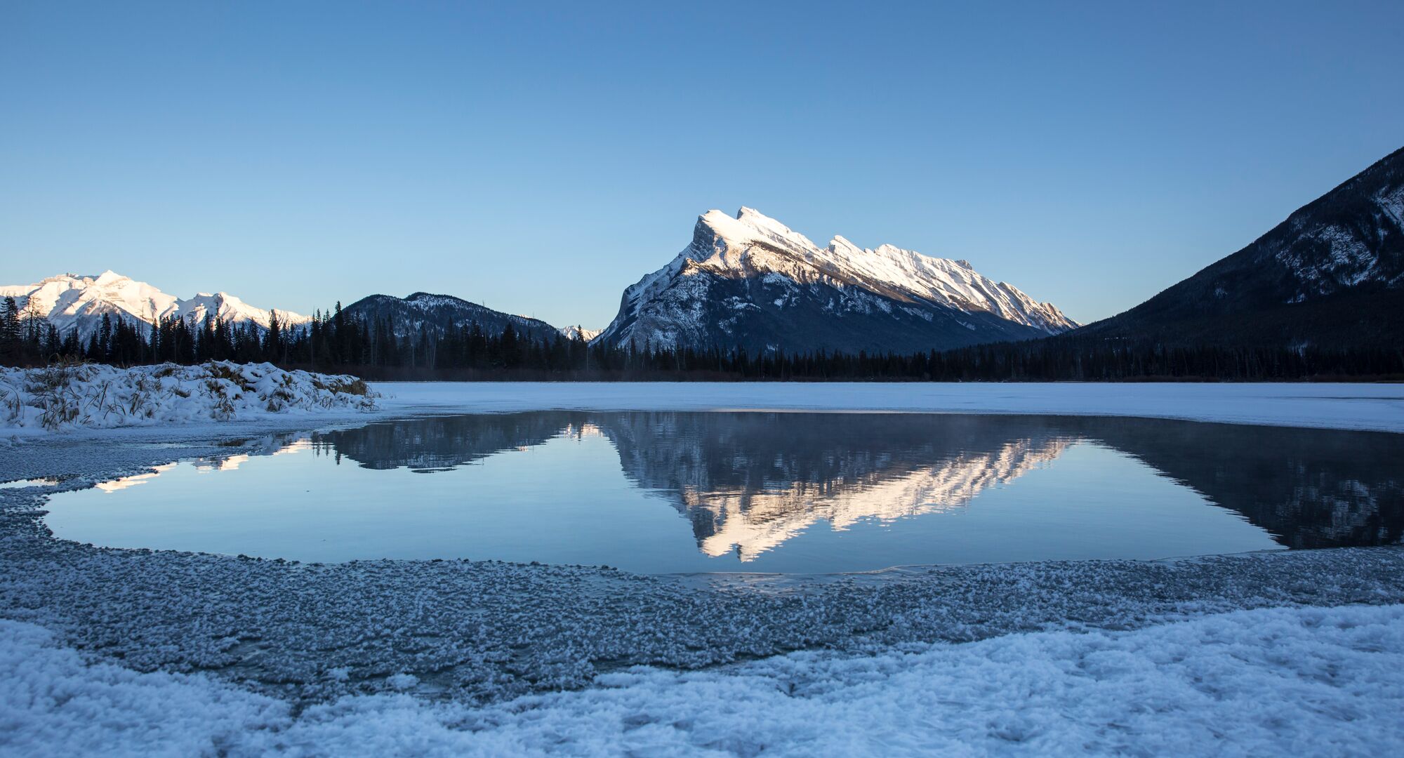 A view of Vermilion Lakes frozen over in the winter