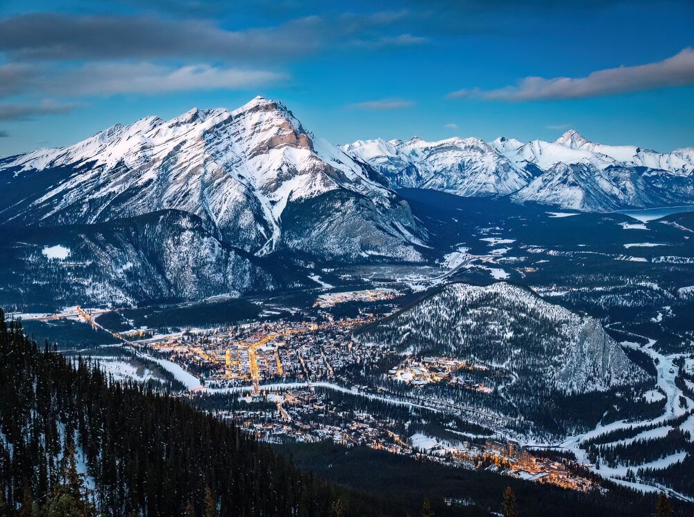 The town of Banff as seen from Sulphur Mountain in winter.