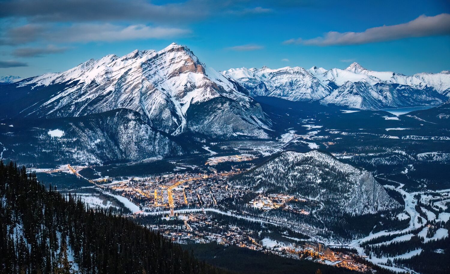 The town of Banff as seen from Sulphur Mountain in winter.
