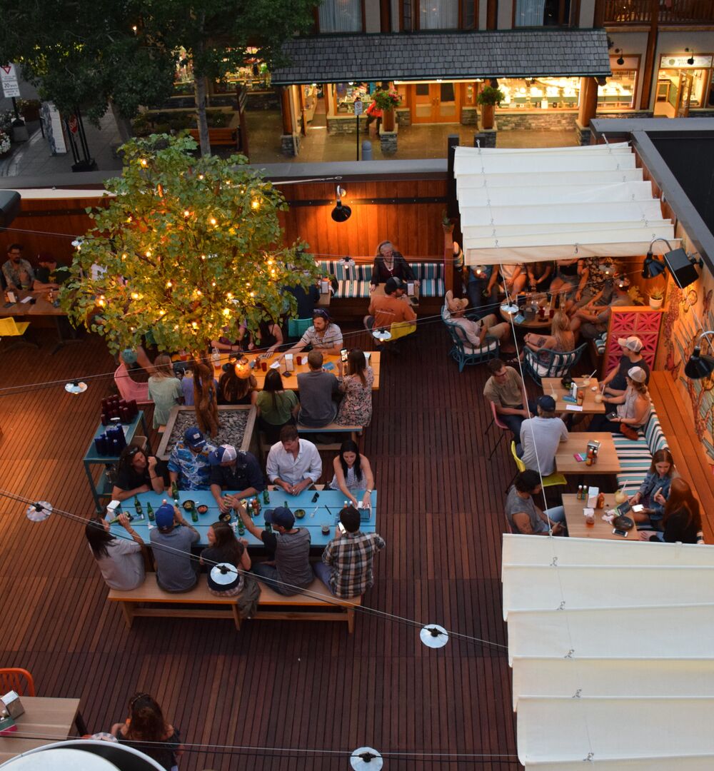 People dining at heated Three Bears outdoor patio in the winter