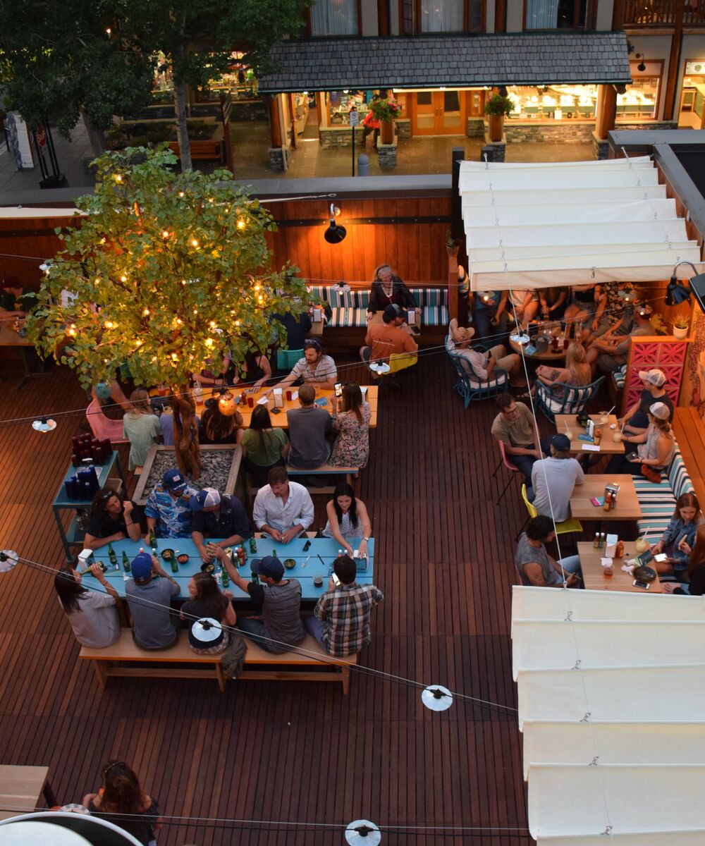 People dining at heated Three Bears outdoor patio in the winter