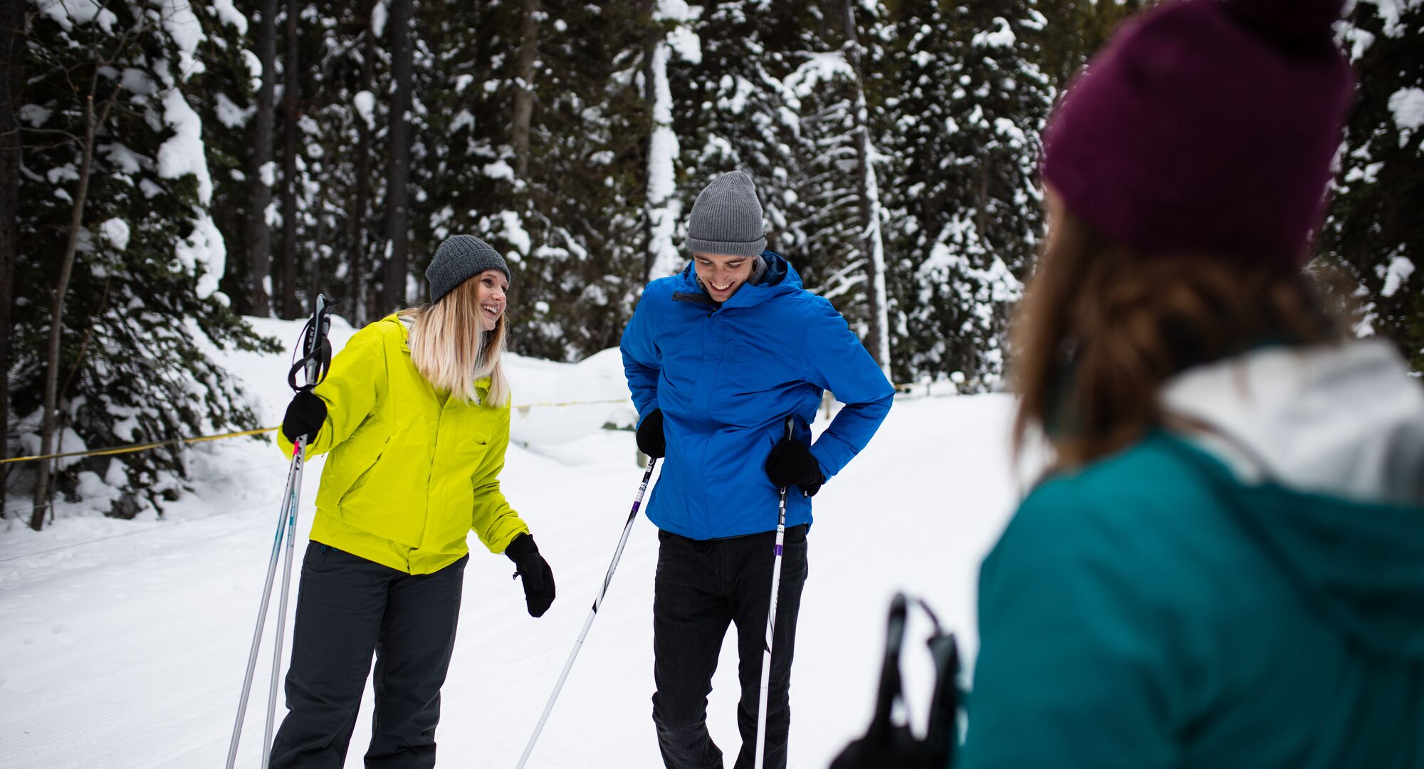 Group of friends cross-country skiing Spray Loop in Banff National Park