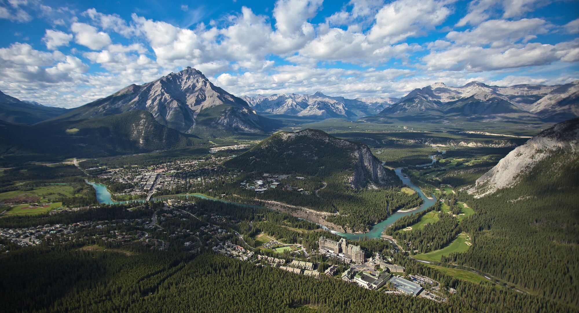An aerial view of Banff townsite in the winter