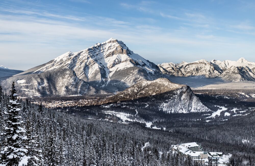 An aerial view of the town of Banff in winter taken from the top of the Banff Gondola on Sulphur Mountain