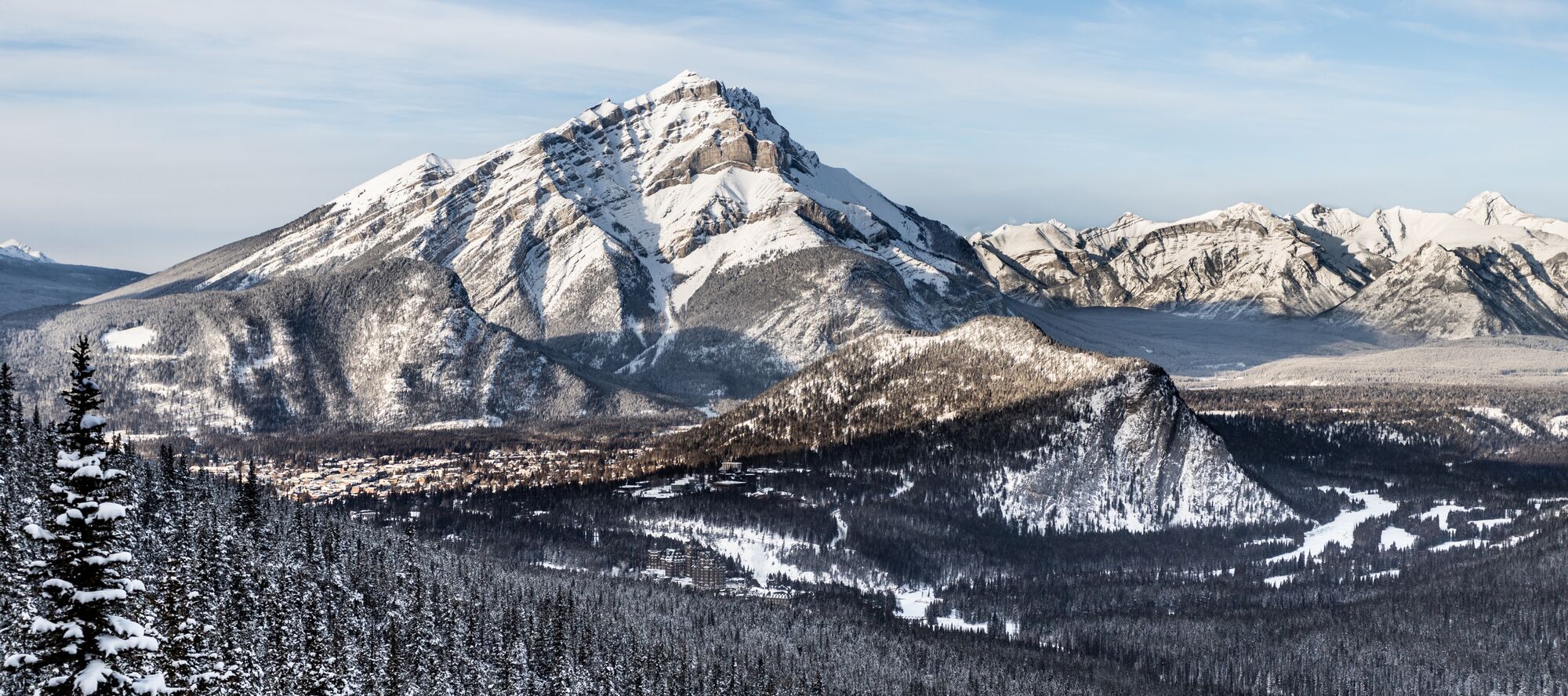 An aerial view of the town of Banff in winter taken from the top of the Banff Gondola on Sulphur Mountain