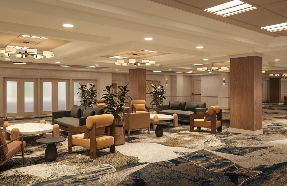 Rendering of Rimrock Banff’s pre-function event space featuring contemporary lounge seating, warm lighting, natural tones, and elegant modern décor.
