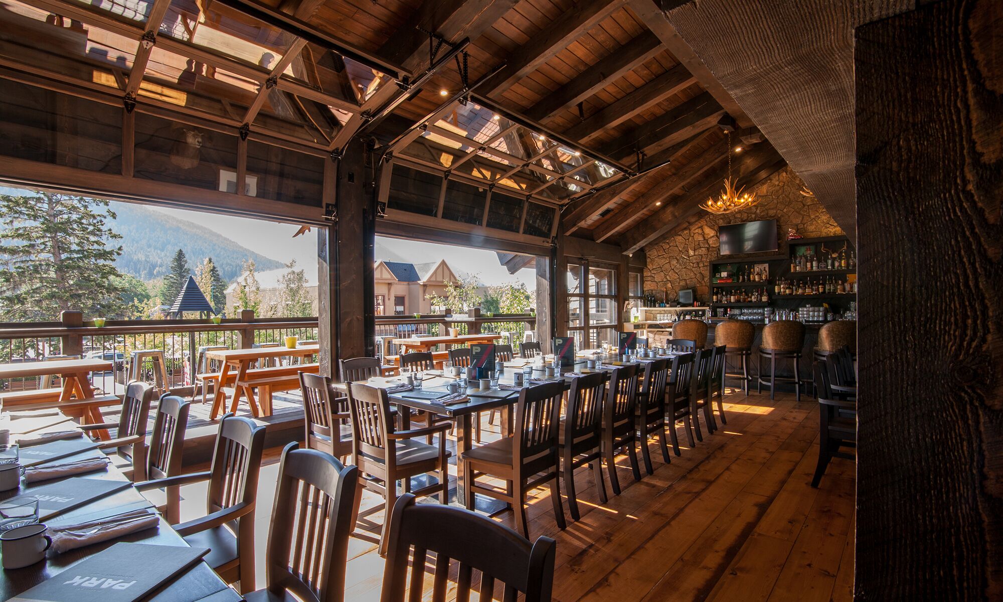 The dining patio at the Park Distillery in Banff National Park.