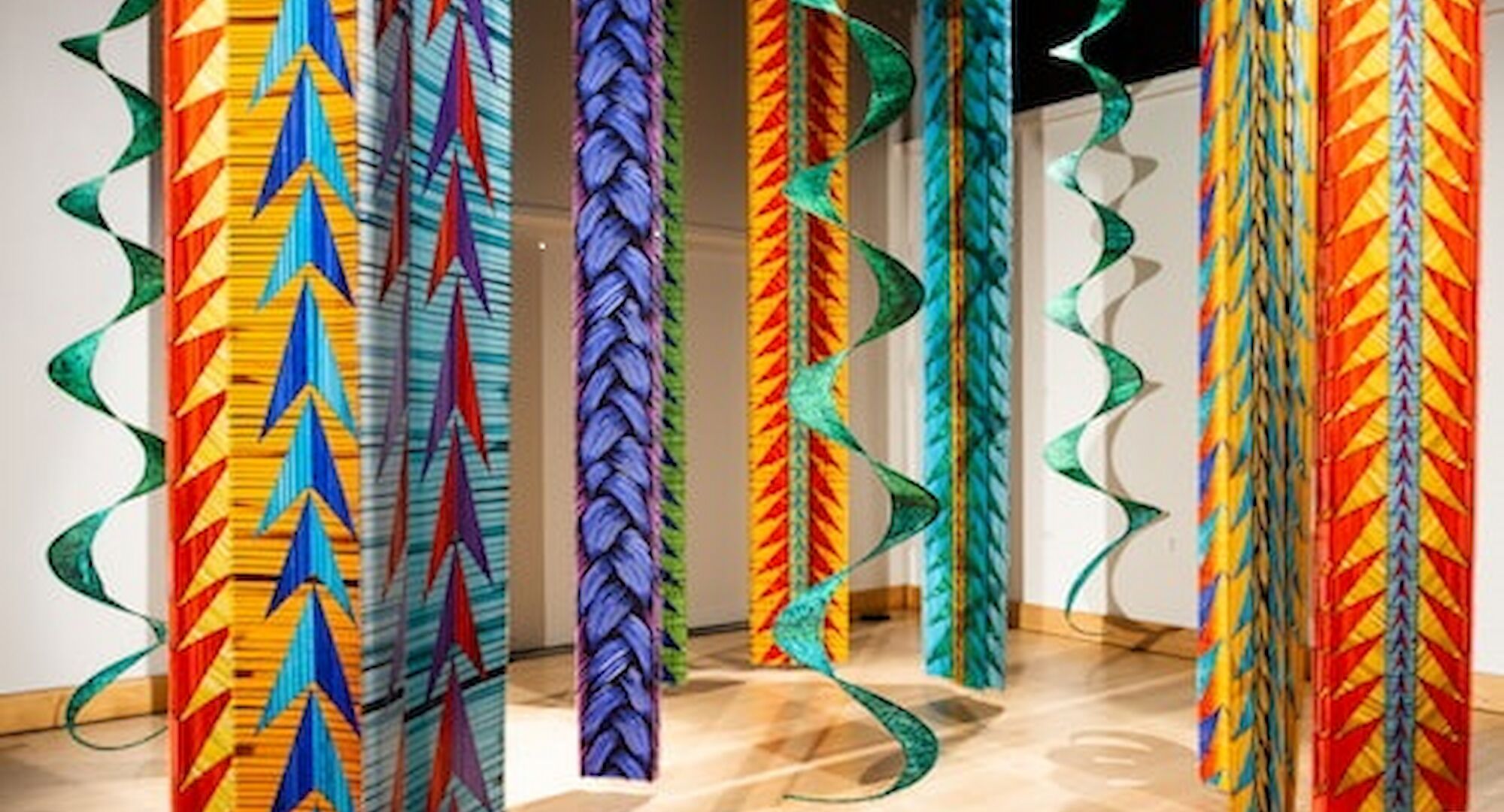 Daphne Boyer, Cedar and Sweetgrass Banners, 2022. Digital collages of individually photographed porcupine quills. Image printed on silk twill using acid dyes. 16' X 14'. Photographer: Lina Samoukova. Courtesy the artist.