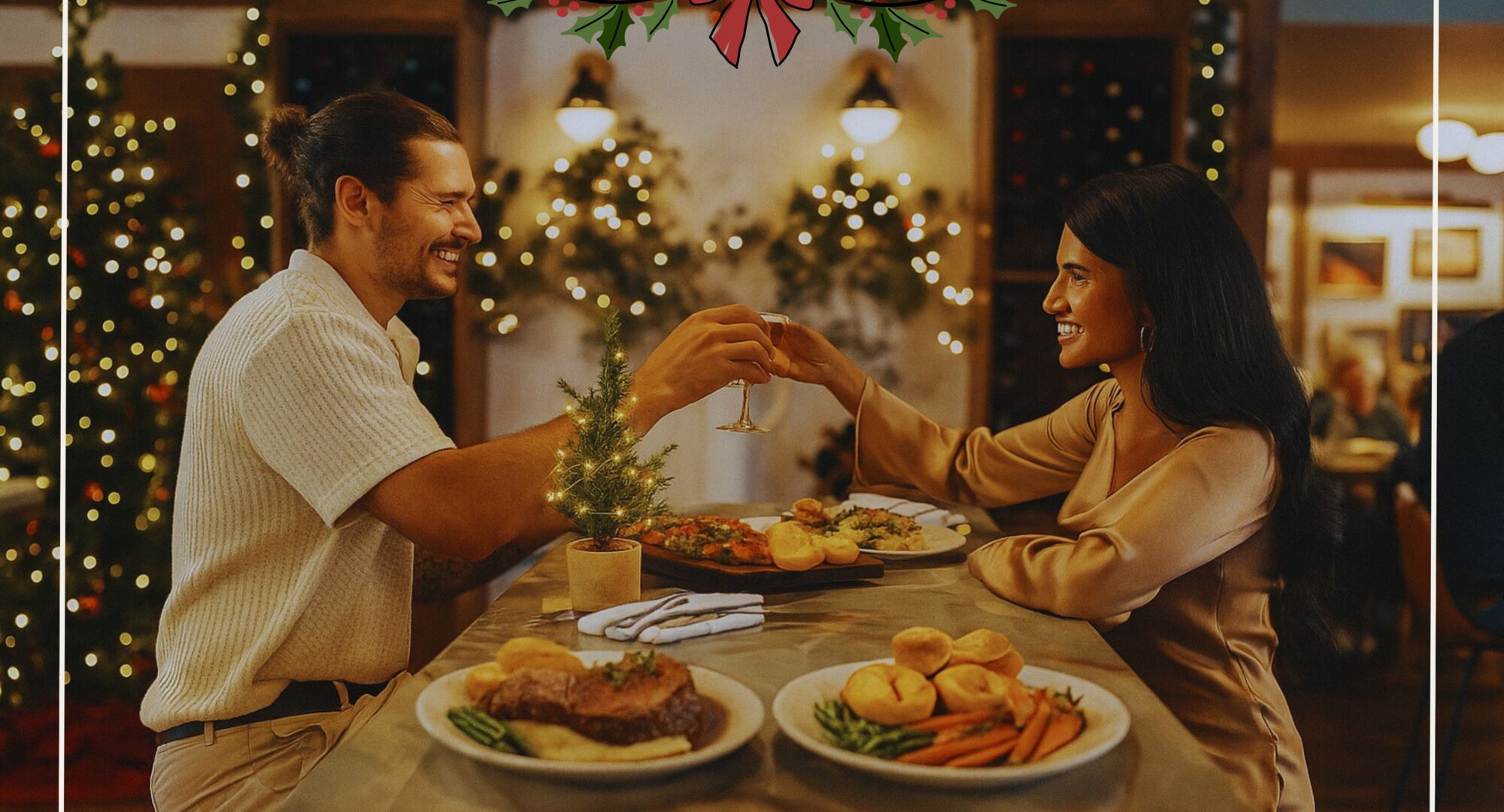Couple having a festive dinner at The Fat Ox