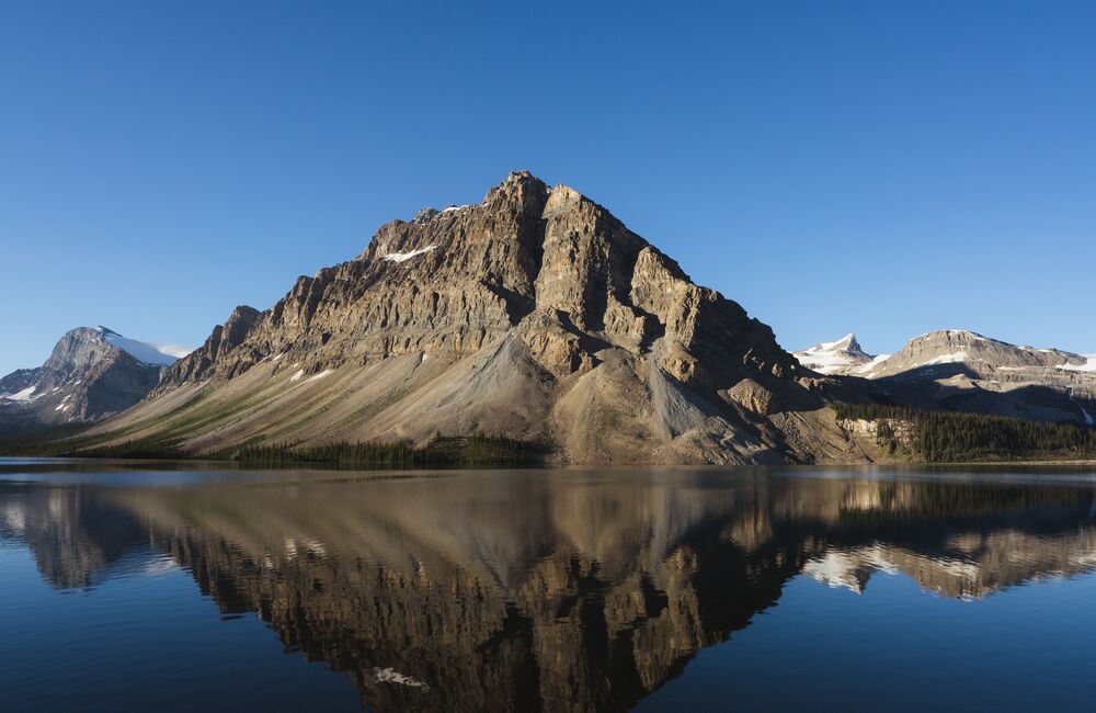 Bow Lake with a beautiful mountain in the background in Banff National Park.