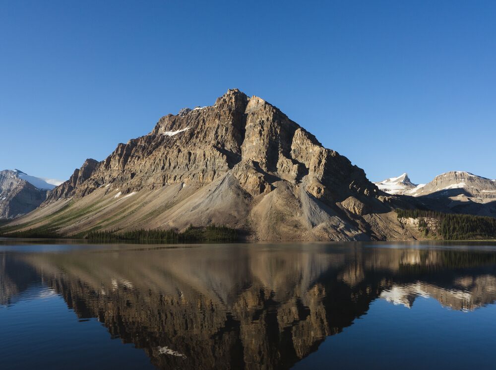Bow Lake with a beautiful mountain in the background in Banff National Park.