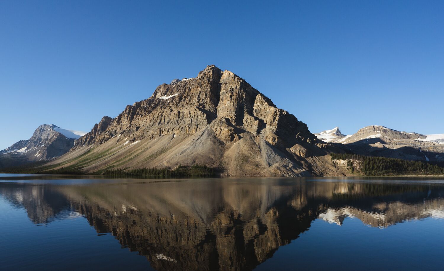 Bow Lake with a beautiful mountain in the background in Banff National Park.