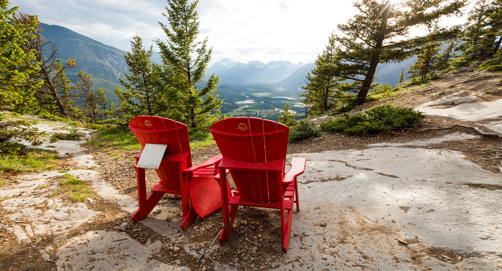 View of the red chairs at the Tunnel Mountain summer in the summer