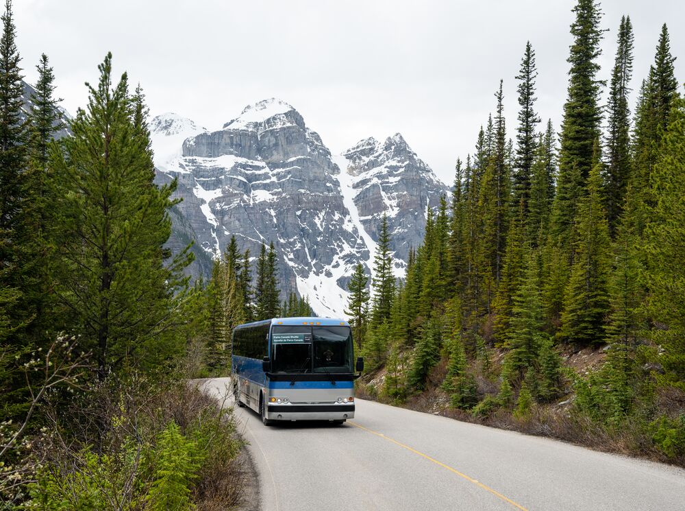 A Parks Canada shuttle drives down Moraine Lake Road, surrounded by evergreen trees with a view of the Valley of the Ten Peaks behind it near Lake Louise in Banff National Park.