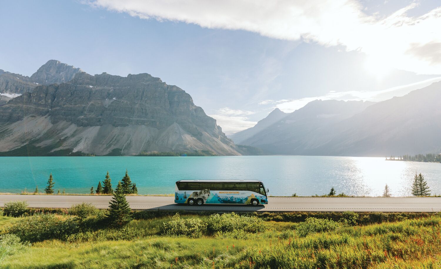 The Brewsters Sightseeing bus on the Icefield Parkway at Bow Lake.