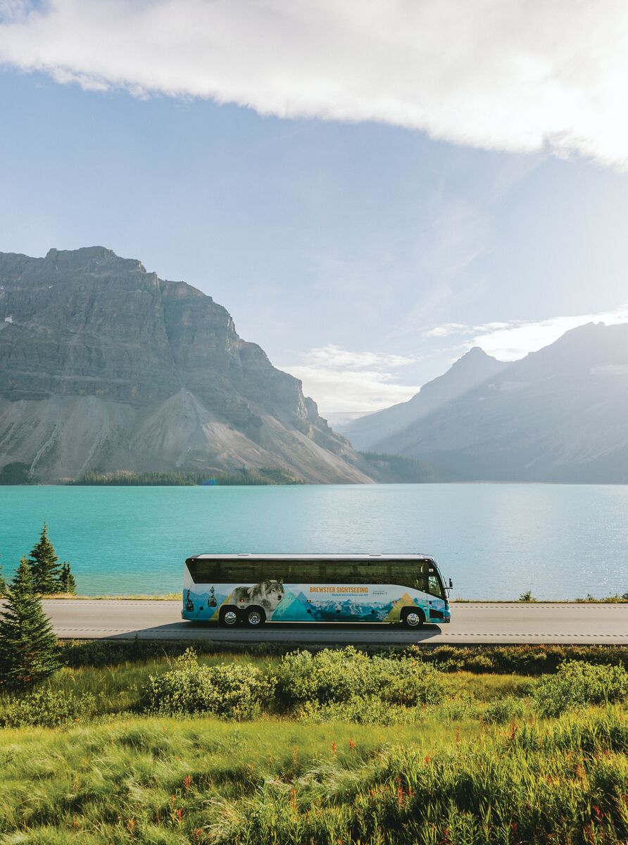 The Brewsters Sightseeing bus on the Icefield Parkway at Bow Lake.