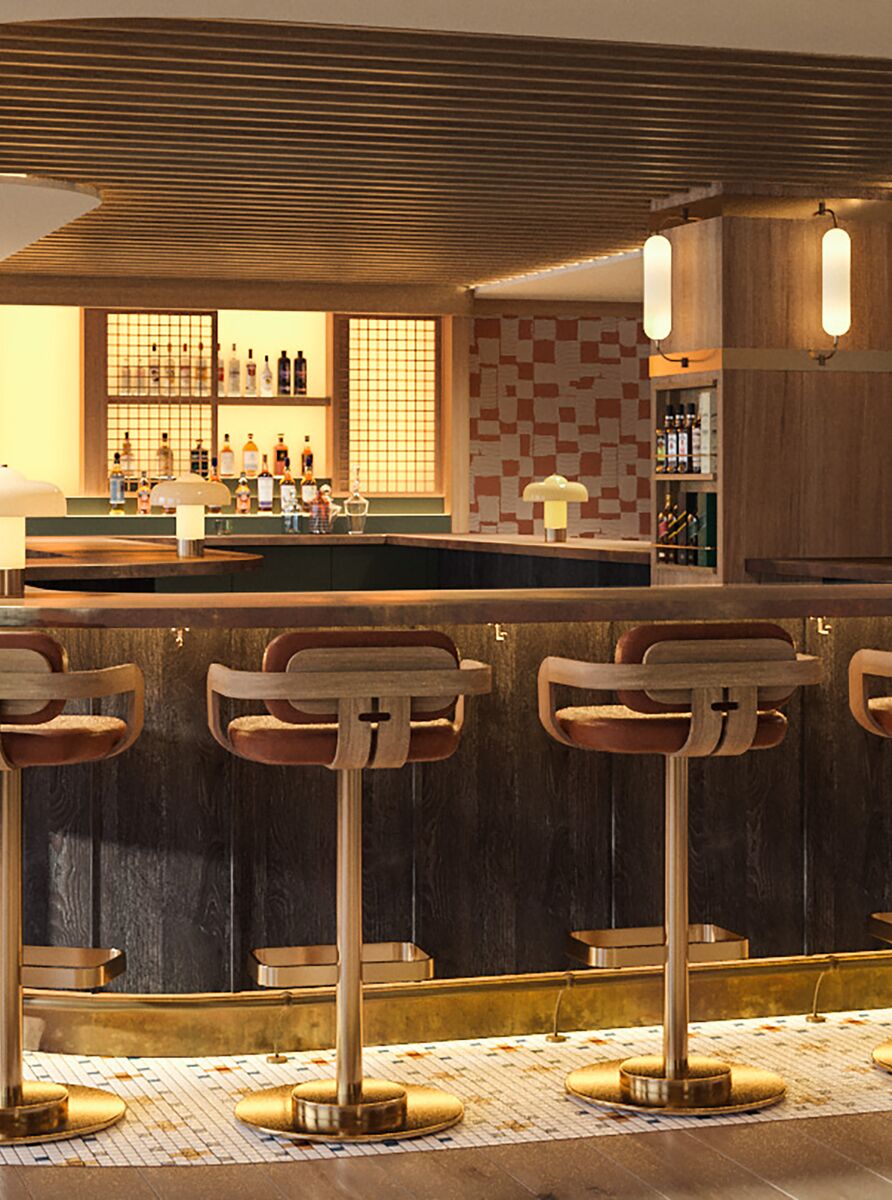 Lobby bar rendering of Social at Rimrock Banff, Emblems Collection showcasing elegant alpine interiors and a sophisticated gathering space.