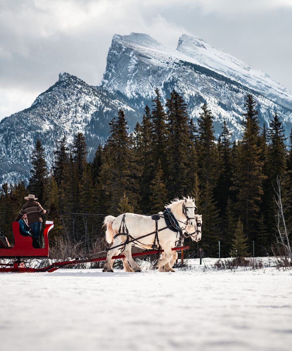 Group of people enjoying a sleigh ride through Banff with views of Mount Rundle