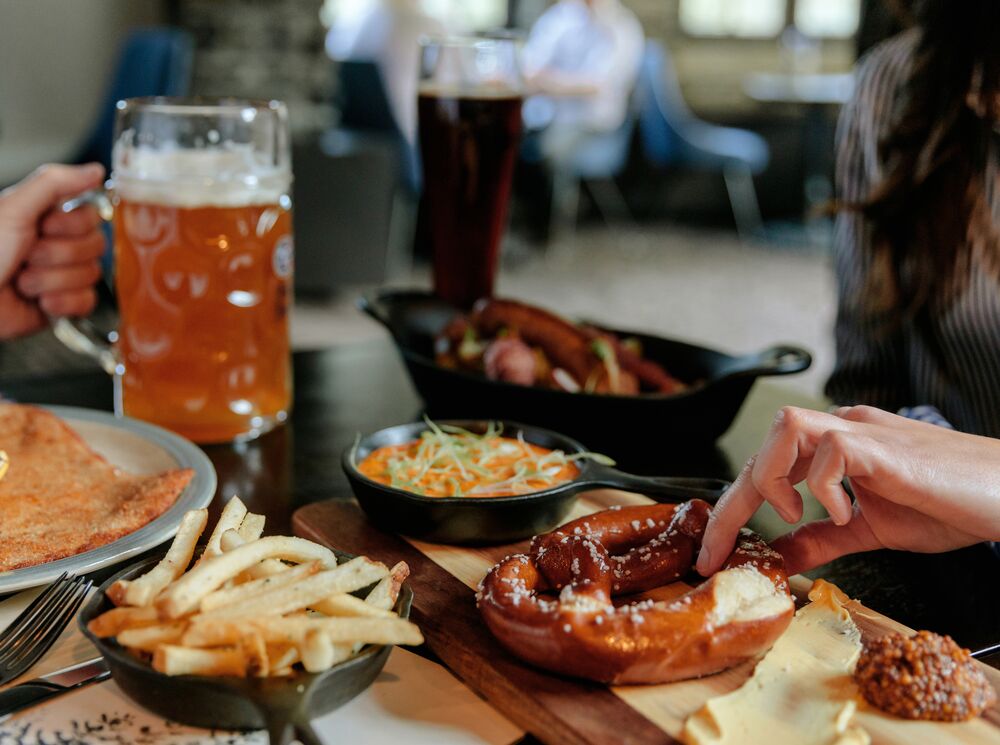 Food on a table at the Waldhaus restaurant in Banff National Park.