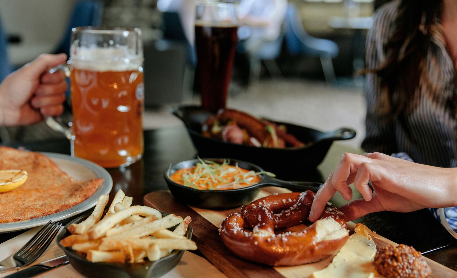 Food on a table at the Waldhaus restaurant in Banff National Park.
