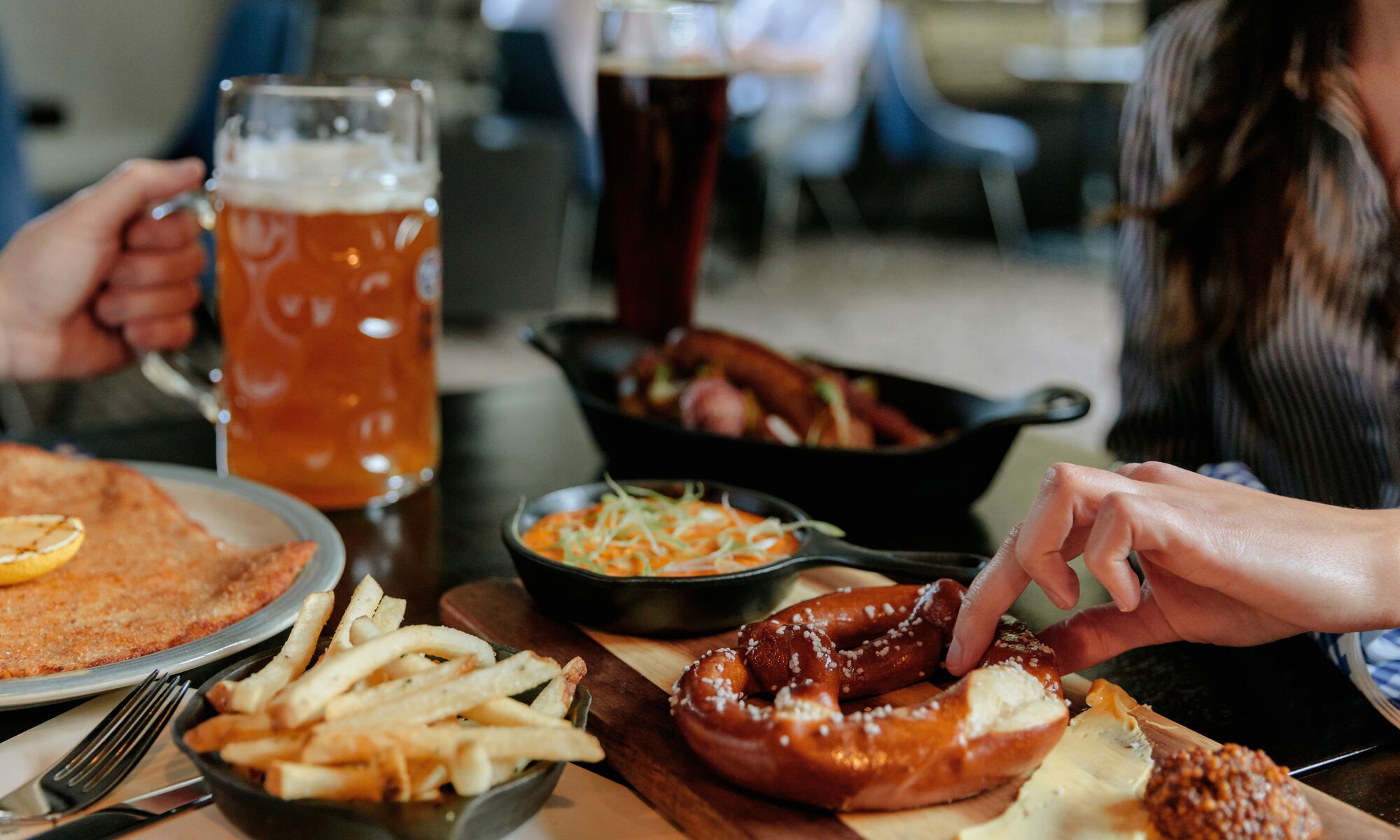 Food on a table at the Waldhaus restaurant in Banff National Park.