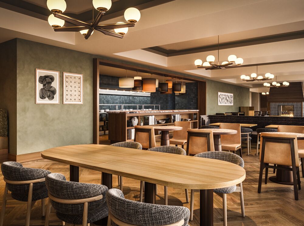 A rendering of the warm, modern dining room at Parker’s Table in Rimrock Banff, featuring wood furnishings, soft lighting, and a central fireplace.
