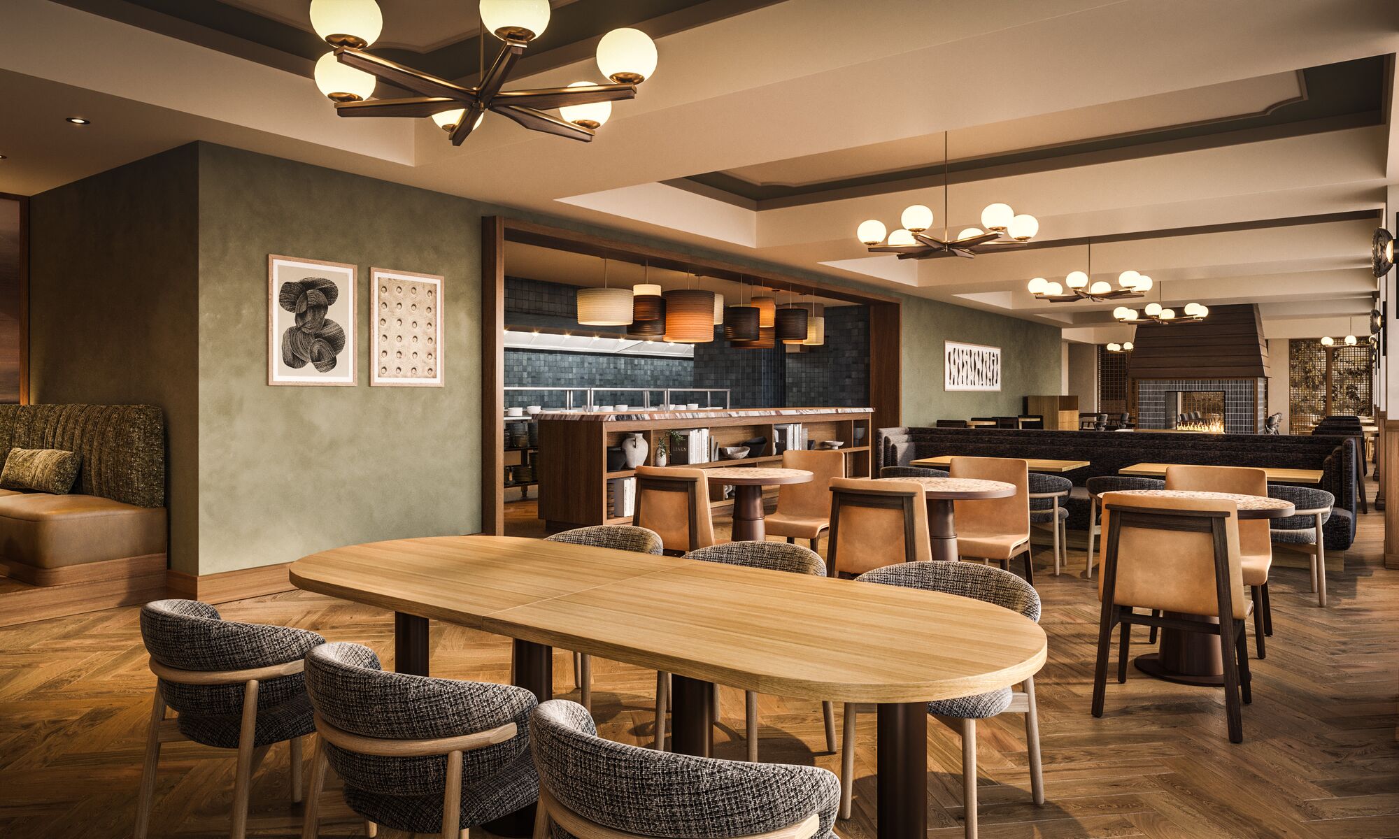 A rendering of the warm, modern dining room at Parker’s Table in Rimrock Banff, featuring wood furnishings, soft lighting, and a central fireplace.