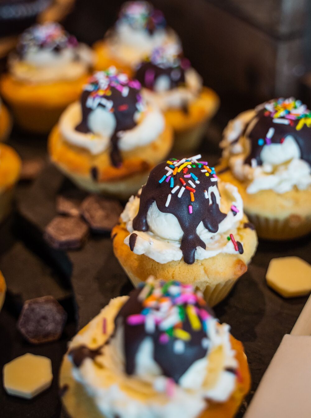 Mini cupcake deserts with chocolate and sprinkles on top at the Banff Gondola in Banff National Park.