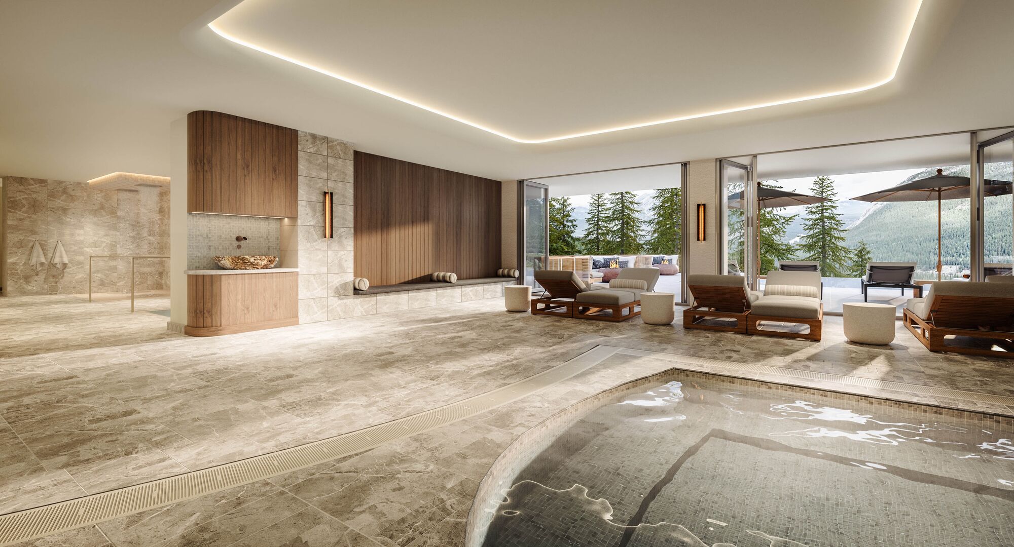 Indoor wellness area at Rimrock Banff, Emblems Collection featuring a warm hydrotherapy pool, lounge chairs, opening to forest and mountain views.