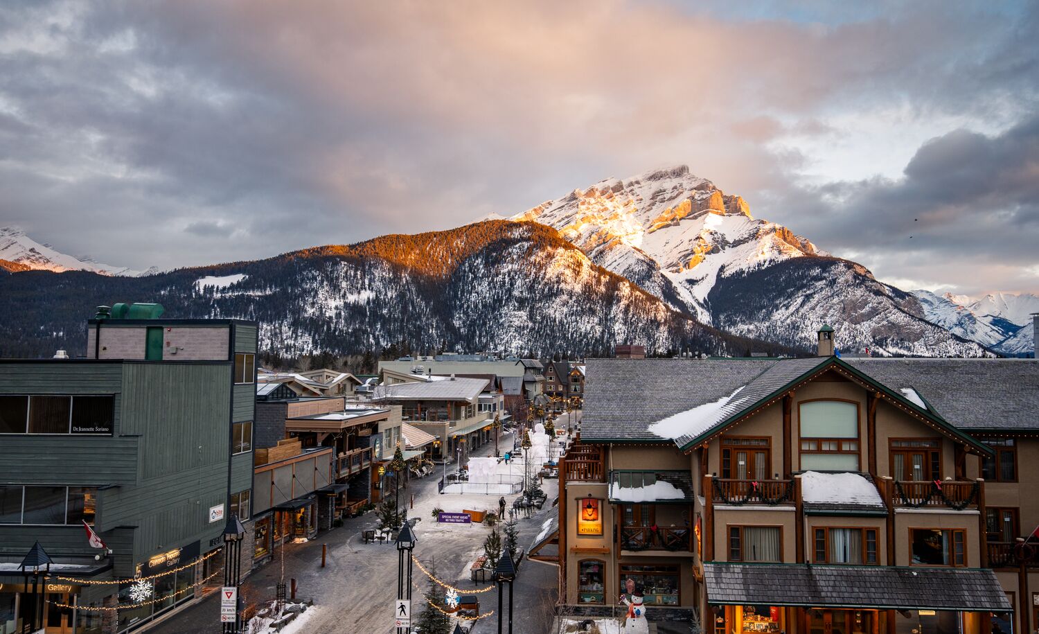 Downtown Banff in the winter from above.