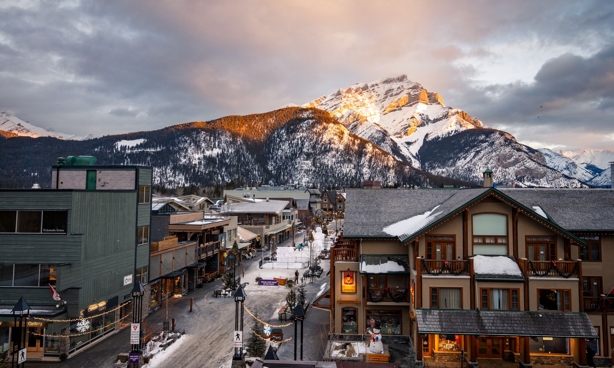 Downtown Banff in the winter from above.