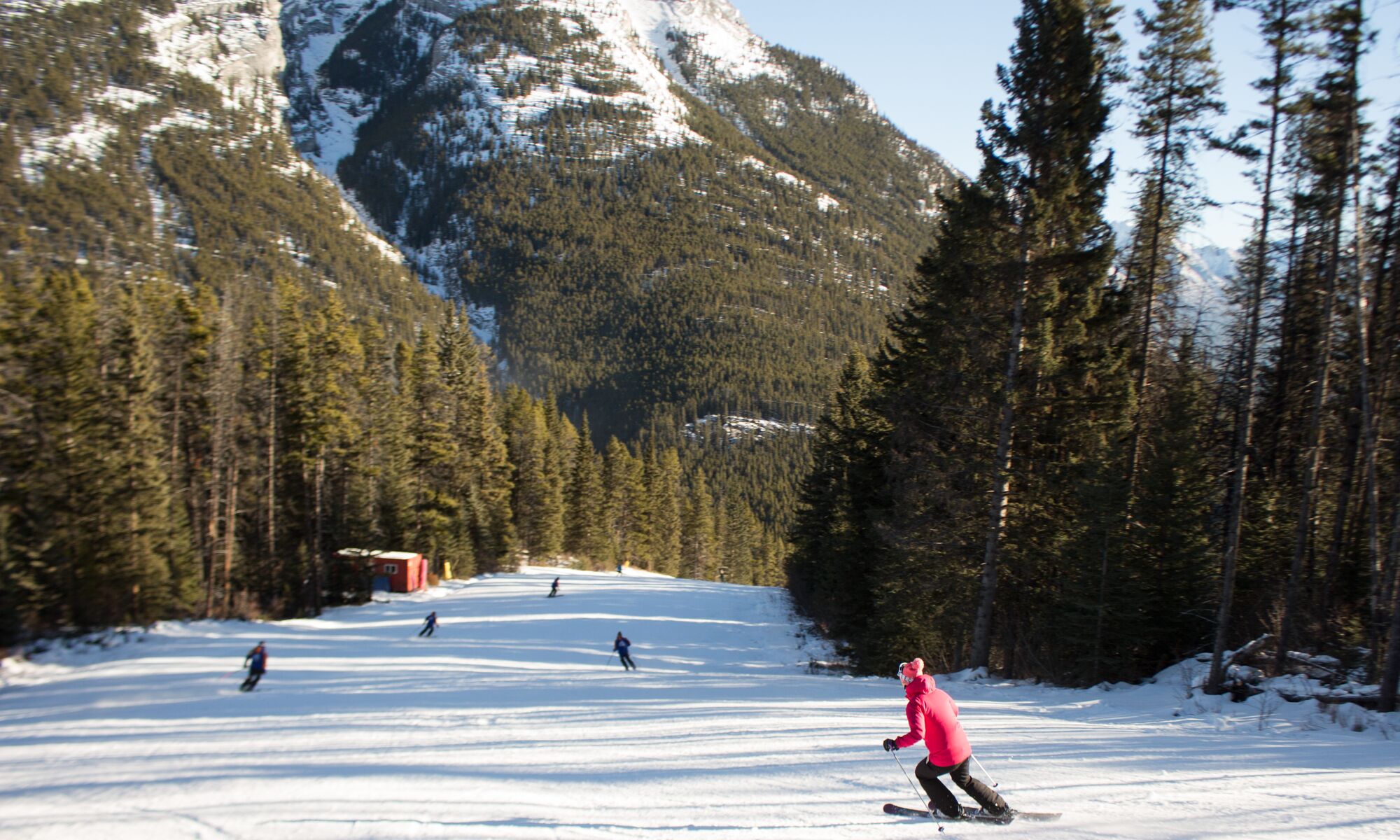 Skiers head down the Crazy Canuck run at Mt. Norquay Ski Resort in Banff National Park.