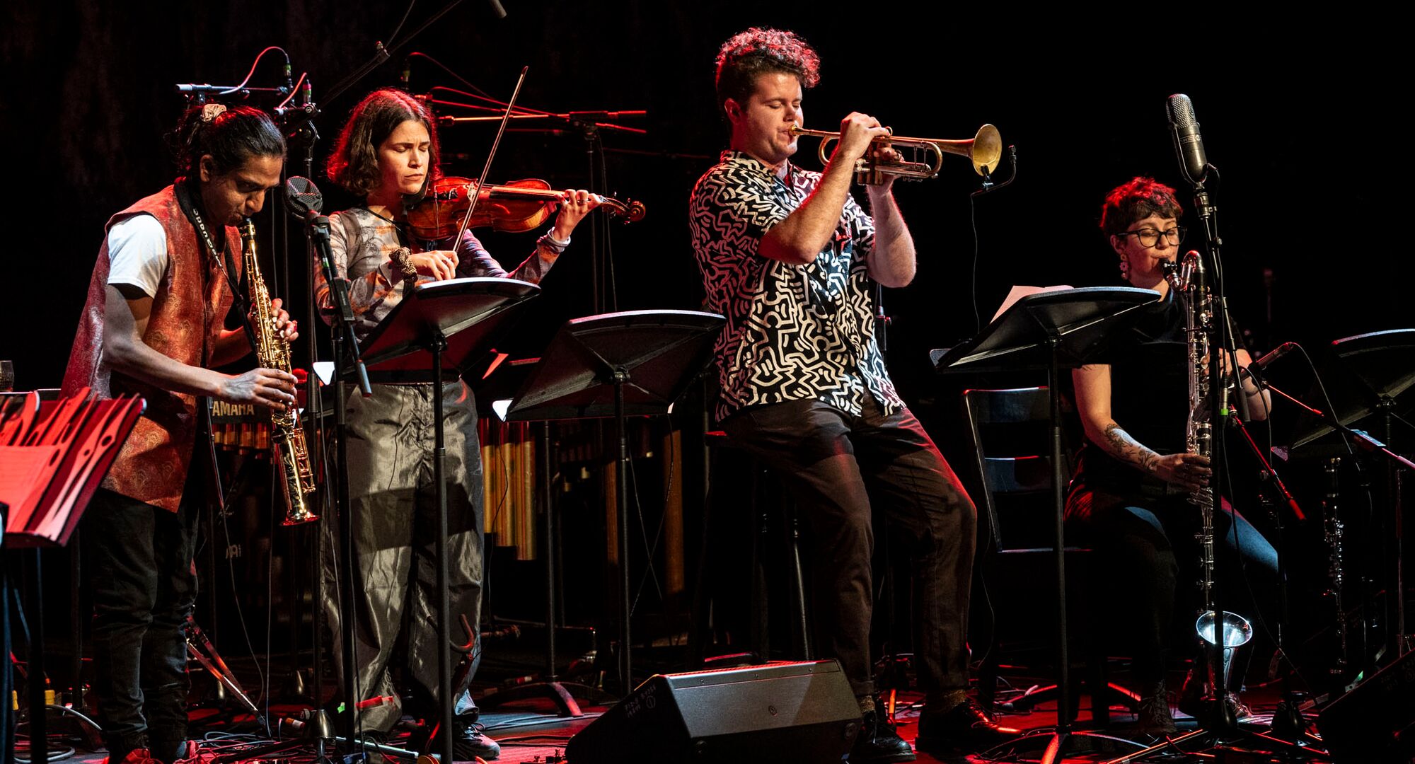 Myrsini Bekakou (violin, arranger), Olivia Jones – (bass clarinet), Nicholas Dourado (soprano saxophone), Matt Smith (trumpet) at Jazz & Sonic Arts 2024. Photo by Rita Taylor.