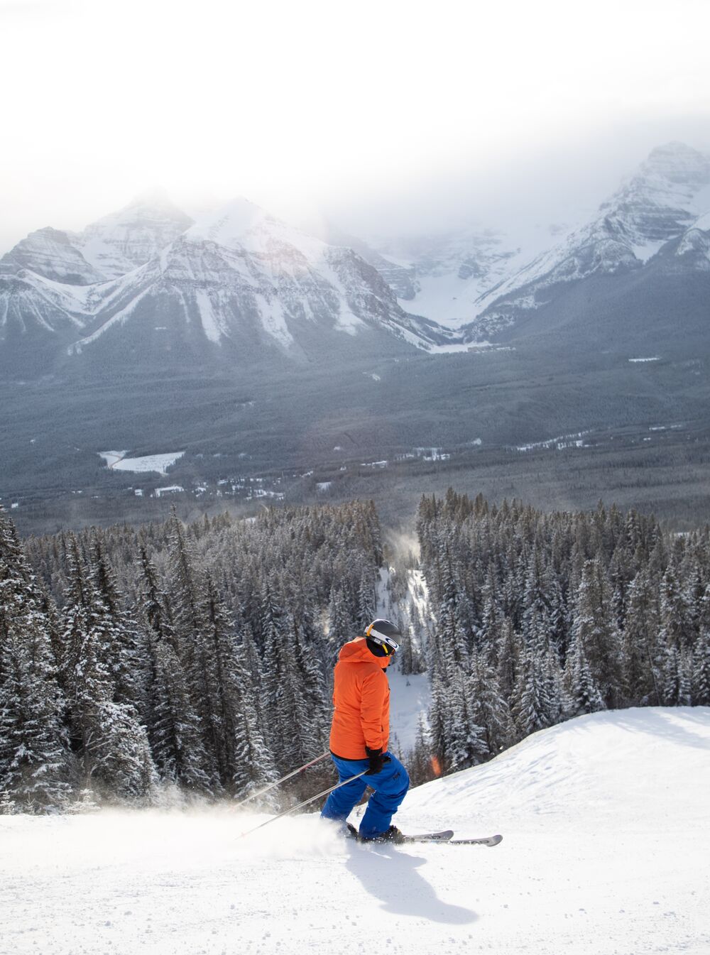 A skier on the start of a run at Lake Louise Ski Resort looking at a mountain range with snowy trees in front of them in Banff National Park.
