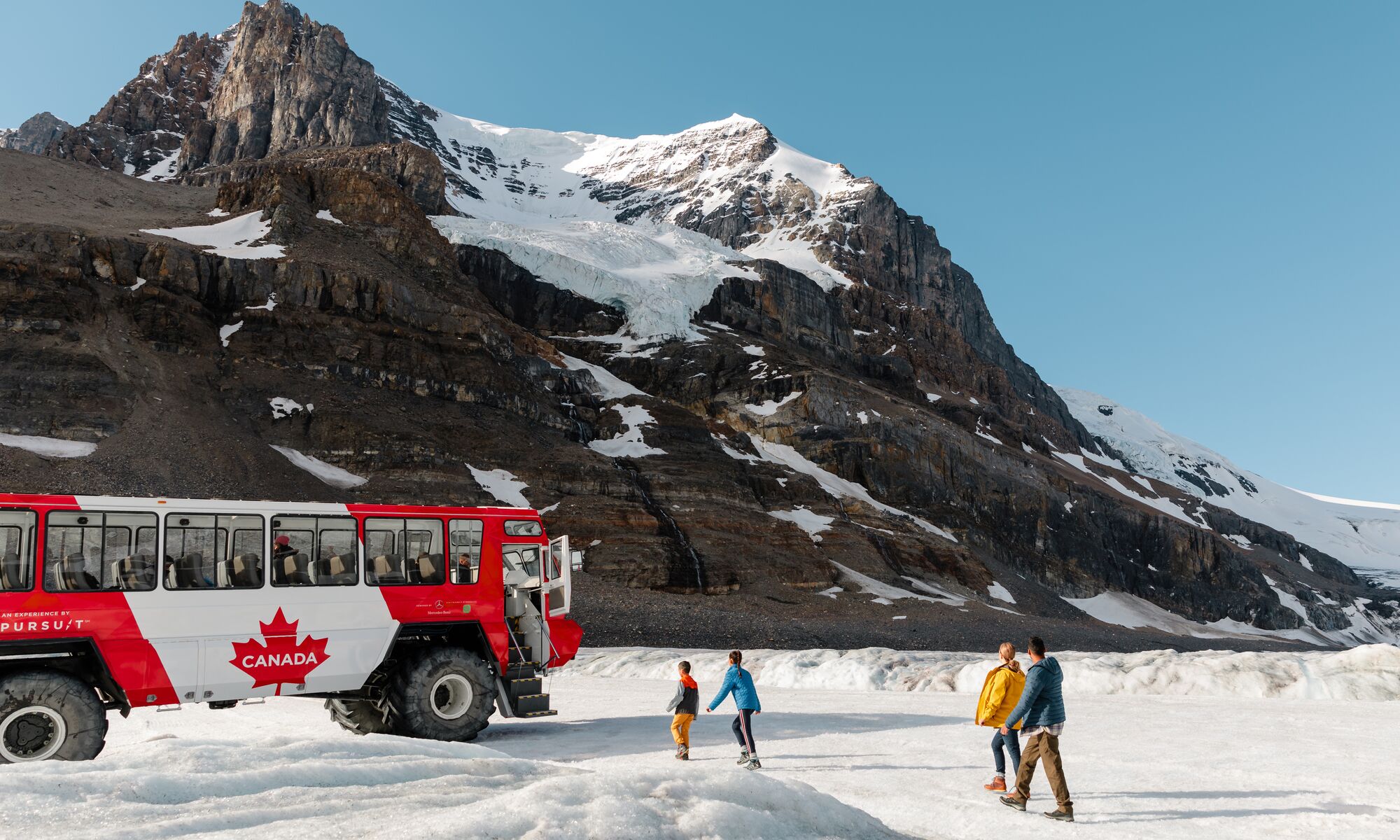 A family of four on the Columbia Icefield Adventure on the Icefields Parkway
