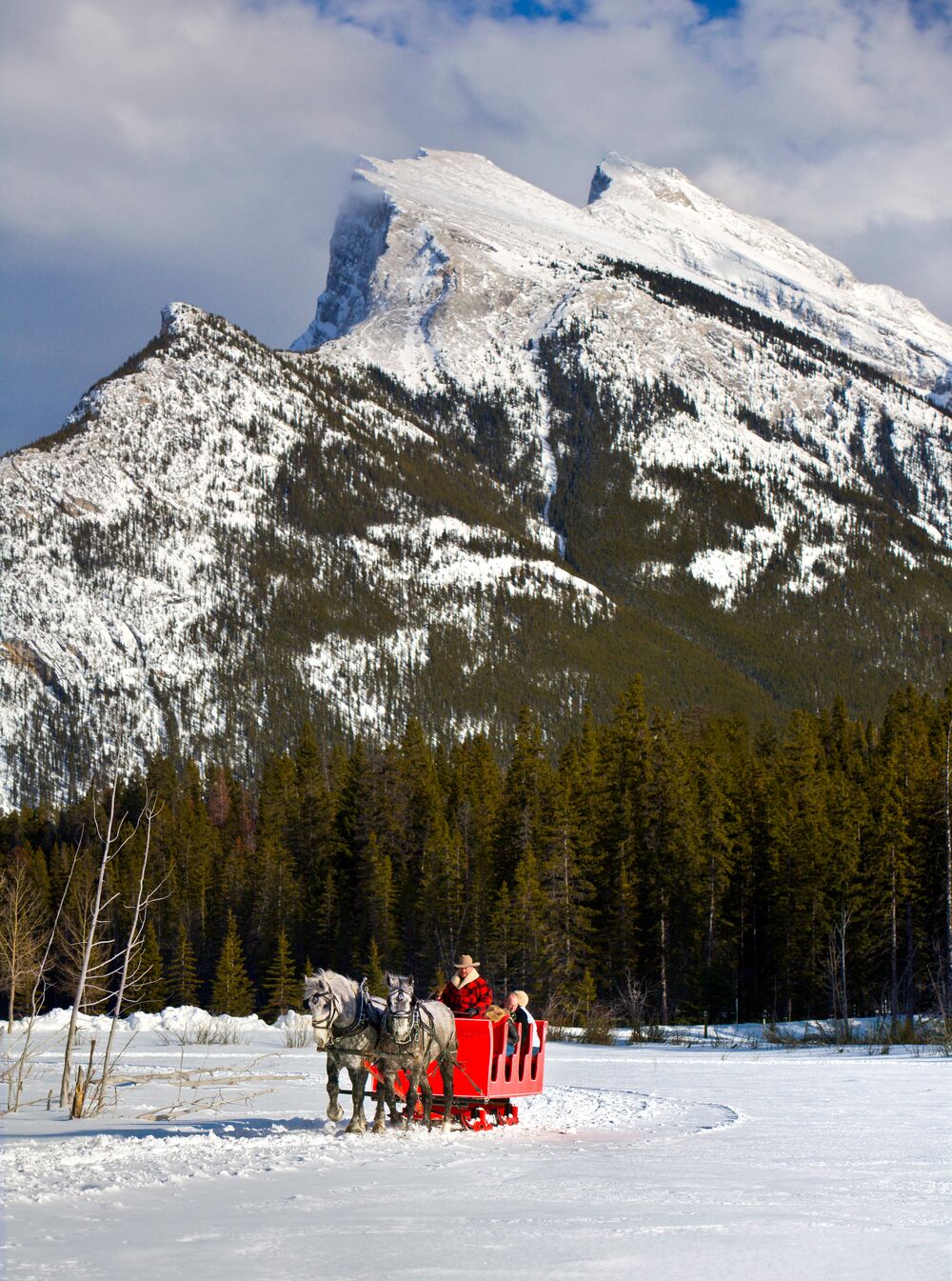 A red horse drawn sleigh pulls people along in the shadow of Mount Rundle in Banff National Park.
