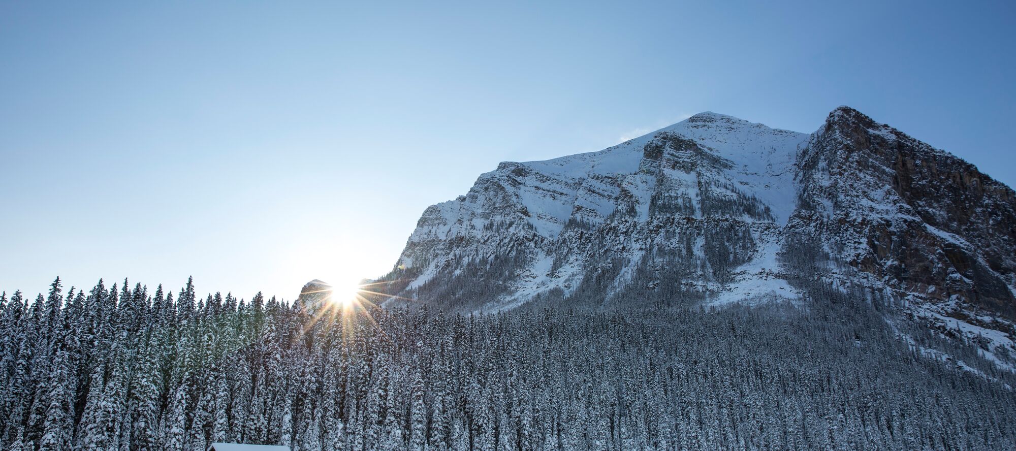 A couple walking by Lake Louise backdropped by mountains and trees on a winter day.