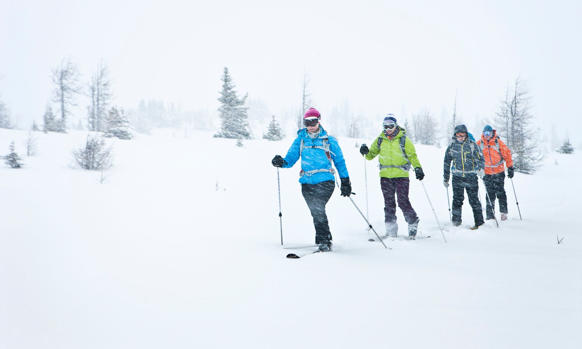 A group of people go ski touring in a blizzard in Banff National Park.