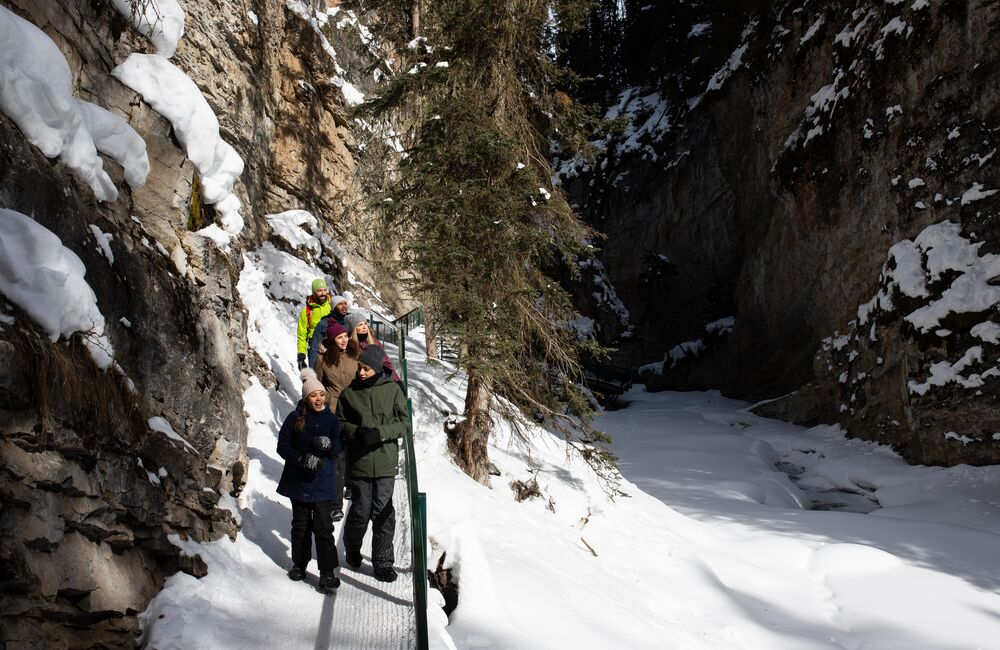Group of people on a guided icewalk tour in Johnston Canyon
