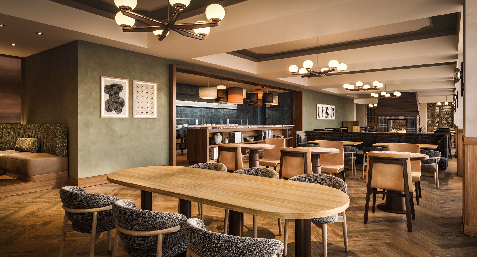 A rendering of the warm, modern dining room at Parker’s Table in Rimrock Banff, featuring wood furnishings, soft lighting, and a central fireplace.