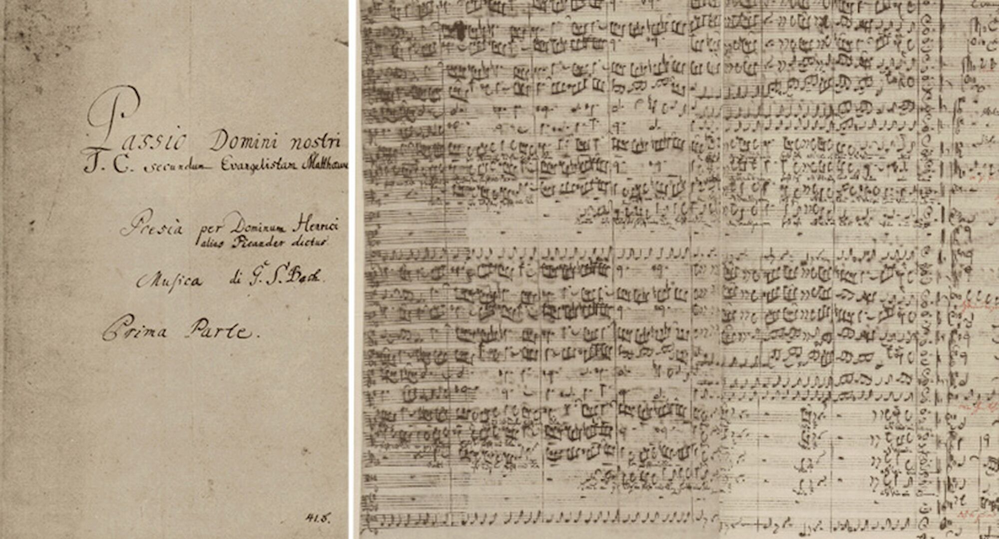 Johann Sebastian Bach, Matthäuspassion BWV 244. Title page of the autograph score and the crop of the last measures of movement 1 and start of movement 2.