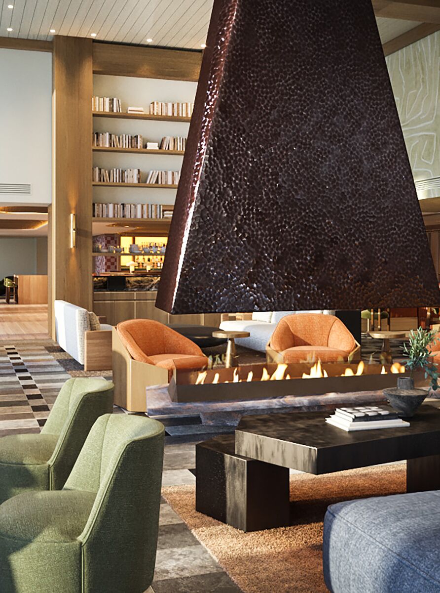 A rendering of the bar at Social at Rimrock Banff, showcasing plush seating in a warm, inviting space designed for crafted cocktails and connection.